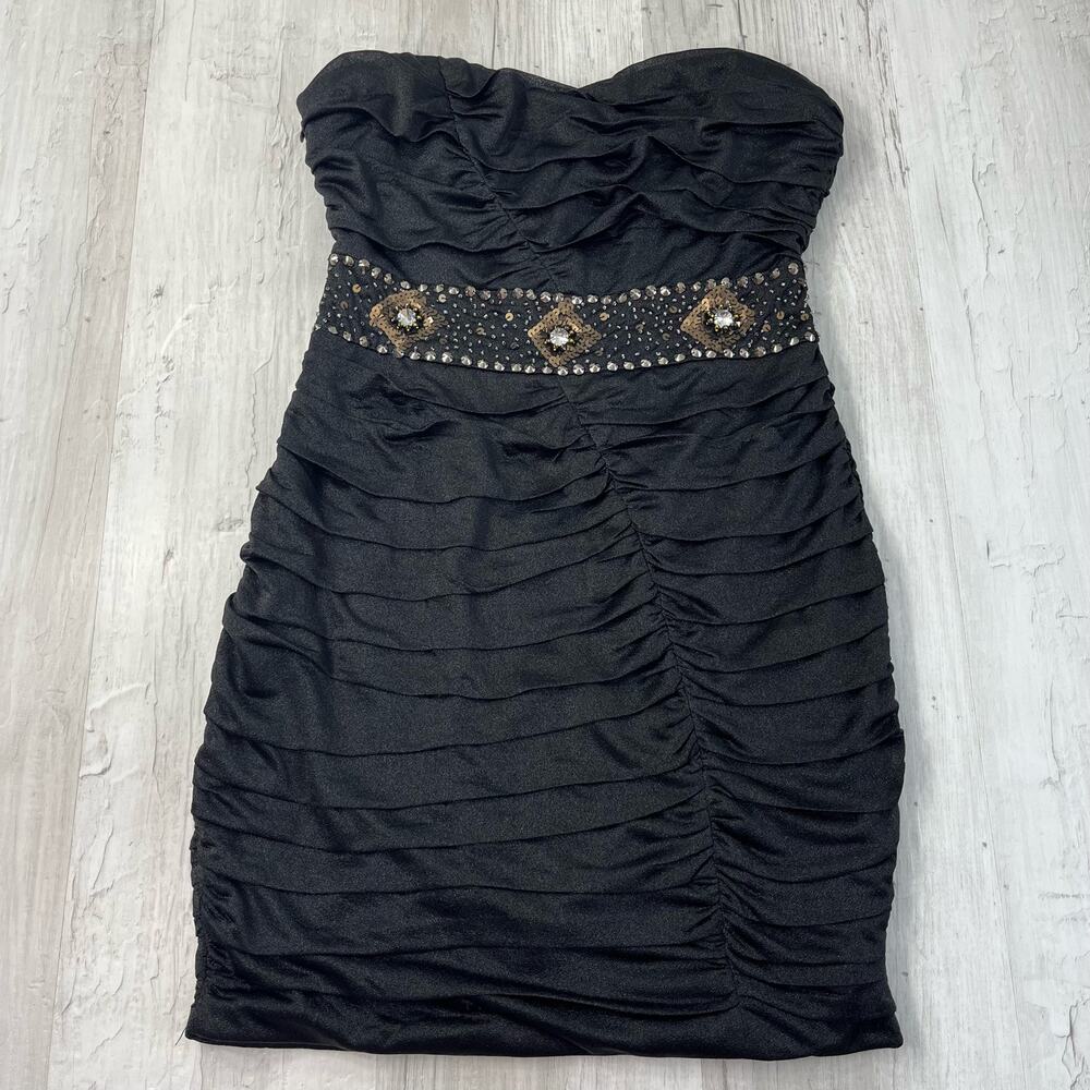 Nikibiki Black Strapless Ruched Gold Rhinestone Bling Bodycon Mini Dress Size M